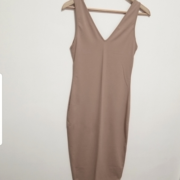 ZARA W/B Collection Nude Tan V-Neck Sleeveless Bodycon Midi Dress - Picture 8 of 10